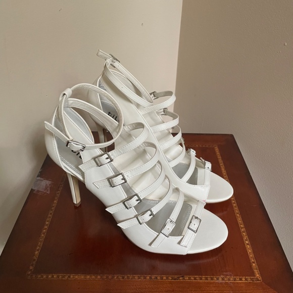 Tildon White Multi-Staples Caged Open Toe Heels - Picture 4 of 14